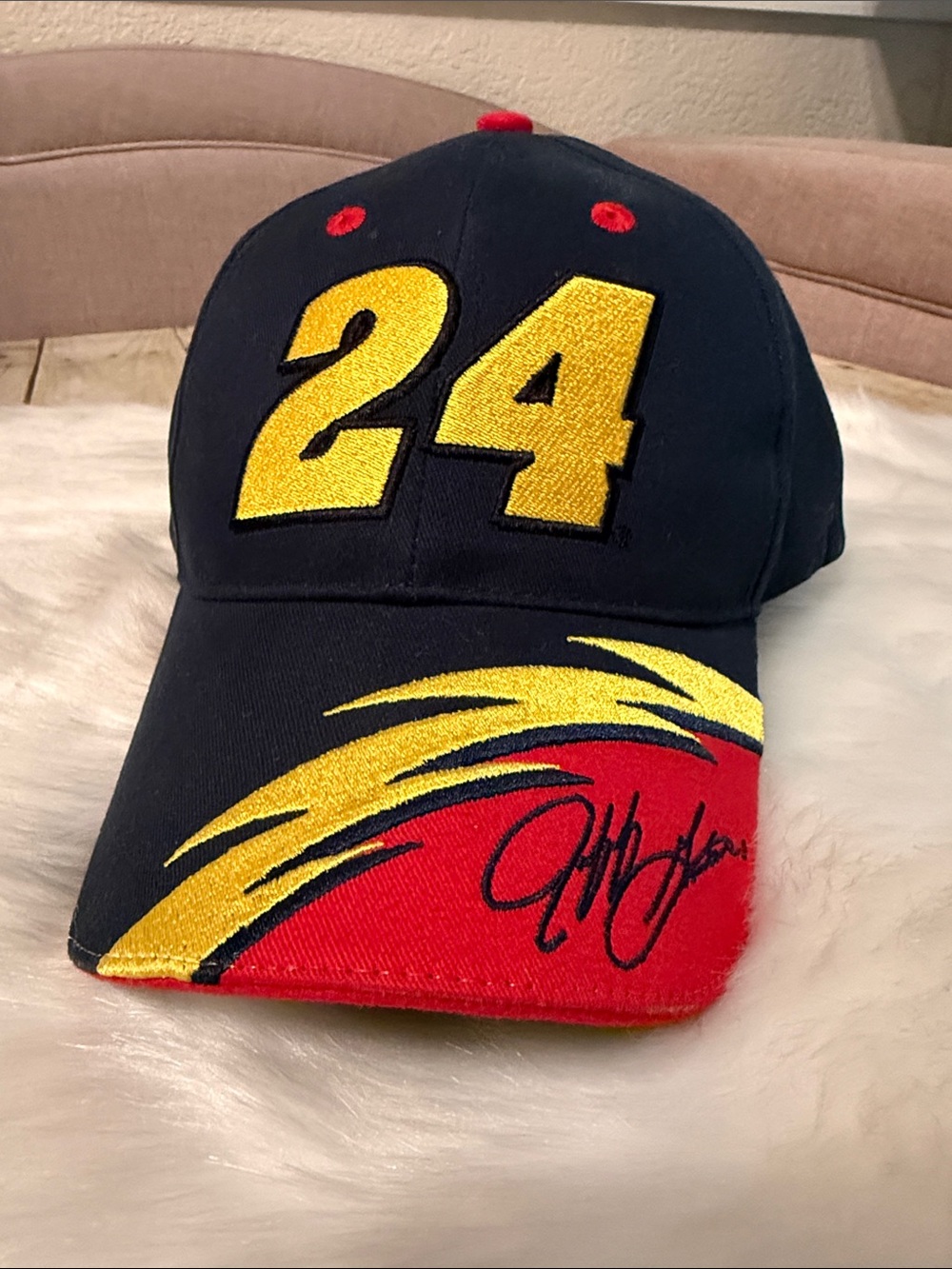 Jeff Gordon 24 Black Cap with Bold Yellow '24' and Red/Yellow Cap